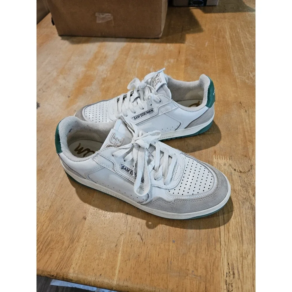 Sam‎ Edelman Womens Size 9 White Green Leather Lace Up Sneakers Casual Low Top